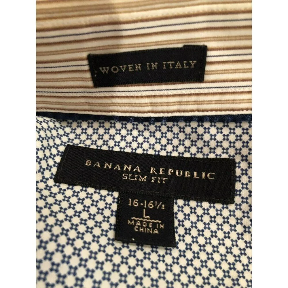 Banana Republic Mens Large Brown Striped Button Front 16 16.5 Slim Fit Italy